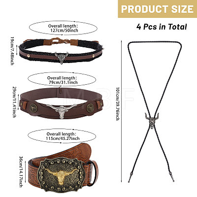 CHGCRAFT 4Pcs 4 Styles PU Leather Waist Belt and Alloy Cattle Bolo Ties AJEW-CA0004-32-1