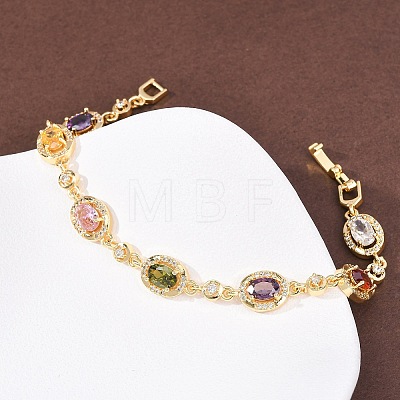 Oval Brass Micro Pave Cubic Zirconia Link Chain Bracelets for Women BJEW-D387-04G-06-1