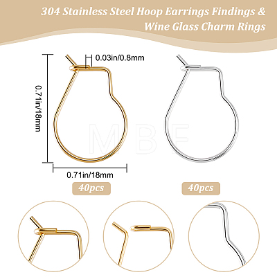 80Pcs 2 Colors  304 Stainless Steel Hoop Earrings Findings STAS-BBC0003-15-1