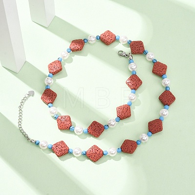 Dyed Natural Lava Rock & Round Synthetic Turquoise & Imitation Pearl Beaded Necklaces GG-CBA922D-07C-1