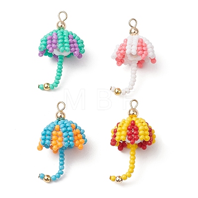 Handmade Umbrella Nylon Wired Glass Seed Beaded Pendants with Glass Pearl Round Bead and Brass Beads PALLOY-MZ00504-1