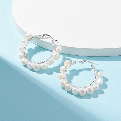 Natural Pearl Wire Wrapped Beaded Hoop Earrings for Women EJEW-JE04758-02-1