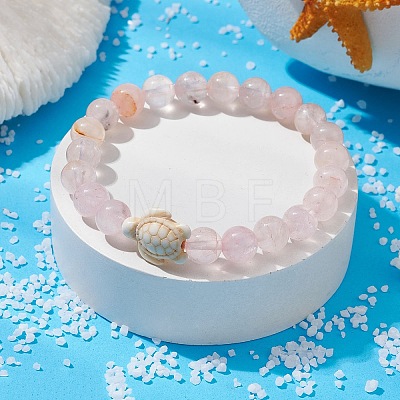 Natural Rose Quartz Round & Synthetic Turquoise Turtle Beaded Stretch Bracelet for Women BJEW-JB09700-02-1
