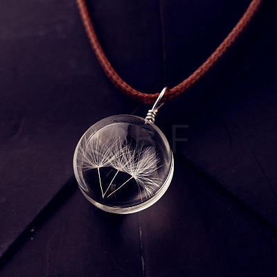 Flat Round Clear Glass Inner Dandelion Pendant Imitation Leather Cord Necklaces for Women FS-WG7DEC0-01-1