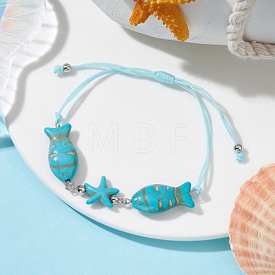 Fish & Starfish Synthetic Turquoise Braided Bead Bracelets BJEW-JB09820-1