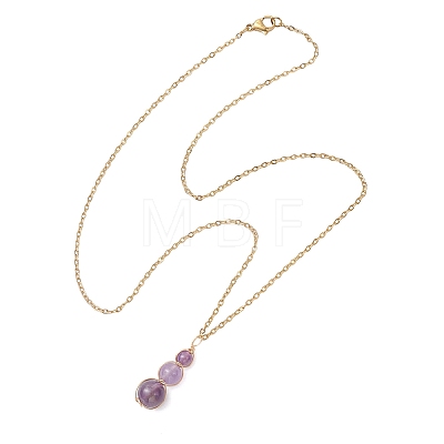 Natural Amethyst Round Beaded Gourd Shape Pendant 304 Stainless Steel Cable Chain Necklaces for Women NJEW-JN05656-02-1