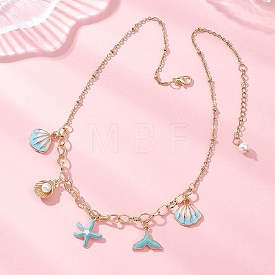 Ocean Alloy Enamel Whale Tail Shell Shape Starfish Pendant Brass Cable Chain and 304 Stainless Steel Satellite Chain Bib Necklaces for Women NJEW-JN05815-01-1
