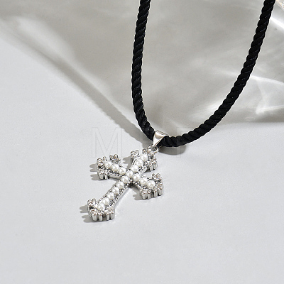 Brass & Imitation Pearl Cross Pendant Black Cord Necklaces for Men LI2000-2-1
