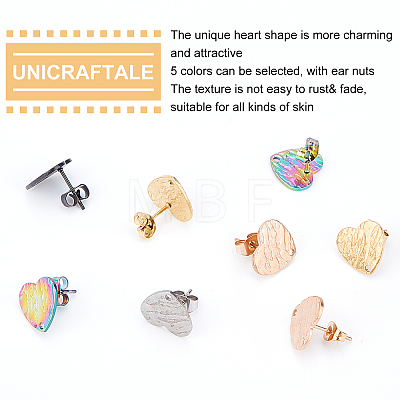 Unicraftale 30Pcs 5 Colors Heart Shape with Textured Vacuum Plating 304 Stainless Steel Stud Earring Findings EJEW-UN0001-62-1