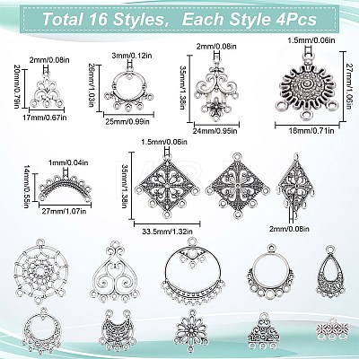 64Pcs 16 Style Tibetan Style Alloy Chandelier Component Links TIBE-SC0001-75-1