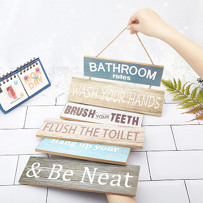 Natural Wood Bathroom Hanging Wall Decorations Signs HJEW-WH0012-01-1