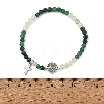 Gradient Natural Mixed Stone Faceted Round Beaded Stretch Bracelets with Alloy Saint Benedict Medal BJEW-JB14401-02-1