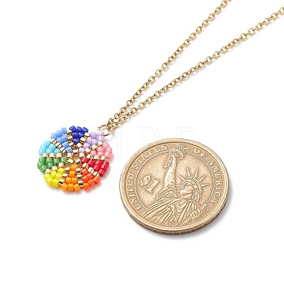 Rainbow Color Japanese Seed Braided Flower Pendant Necklace with 304 Stainless Steel Chains for Women NJEW-MZ00004-1