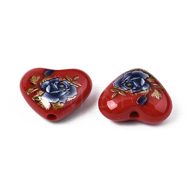 Flower Printed Opaque Acrylic Heart Beads SACR-S305-28-I01-1