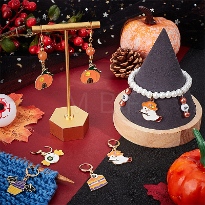 Halloween Theme Alloy Enamel Ghost/Dessert/Pumpkin House Charm Locking Stitch Markers HJEW-PH01754-1