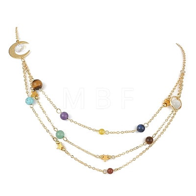 Natural & Synthetic Mixed Gemstone Beaded Triple Layered Necklaces NJEW-TA00091-1