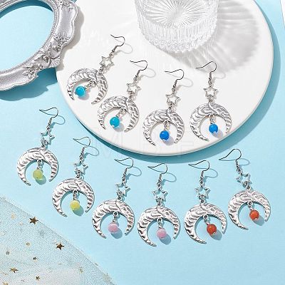 Antique Silver Alloy Star & Moon Dangle Earrings EJEW-JE05637-1