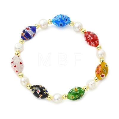 Handmade Millefiori Glass & Natural Cultured Freshwater Pearl Beads Stretch Bracelets for Women BJEW-JB13848-1