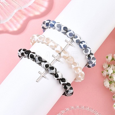 3Pcs 3 Colors Tibetan Style Turtle Back Pattern dZi Round Beaded Stretch Bracelet Sets BJEW-JB14420-1