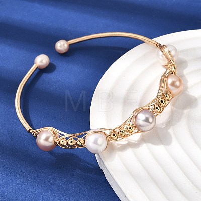 Brass Wire Wrapped Natural Pearl Cuff Bangles for Women BJEW-D453-01G-1