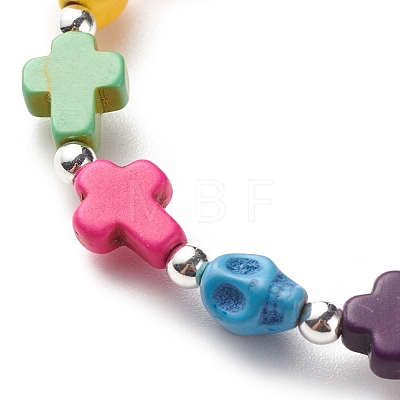Synthetic Turquoise(Dyed) Cross & Skull Beaded Stretch Bracelet BJEW-JB08449-02-1