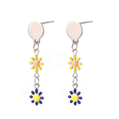 Flower Enamel Long Dangle Stud Earrings EJEW-N049-02B-1