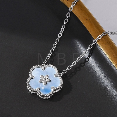 304 Stainless Steel Pave Natural Cornflower Blue Shell Flower Pendant Necklaces for Women NJEW-U032-16P-02-1