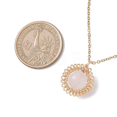 Natural Rose Quartz Copper Wire Wrapped Flower Pendant 304 Stainless Steel Cable Chain Necklaces for Women NJEW-JN05616-02-1
