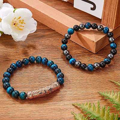 2Pcs 2 Style Natural Tiger Eye & Gemstone Stretch Bracelets Set BJEW-SW00093-1