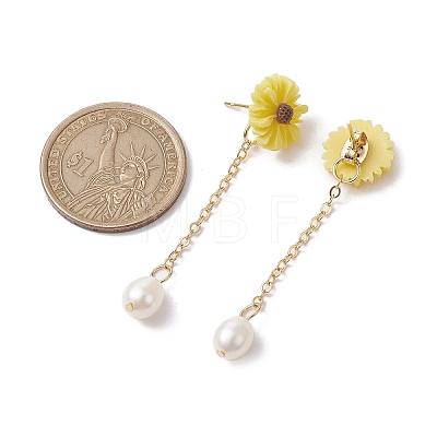 Natural Pearl & Resin Sunflower Dangle Stud Earrings EJEW-JE05692-02-1