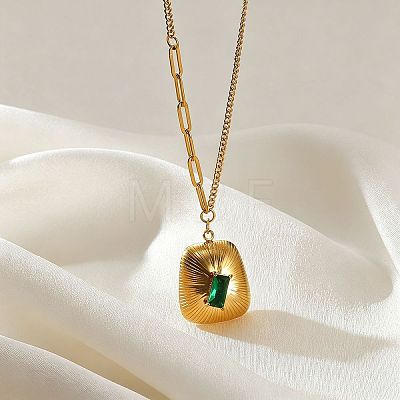 304 Stainless Steel Pave Green Cubic Zirconia Pendant Necklaces WG5E316-01-1