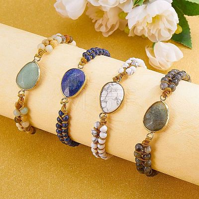 Natural Lapis Lazuli Teardrop Link Braided Bead Bracelet BJEW-SZ0002-54B-1