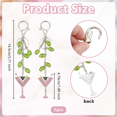 2Pcs Alloy Rhinestone Wine Glass Charm with K9 Glass Bead Keychains KEYC-OC00010-1