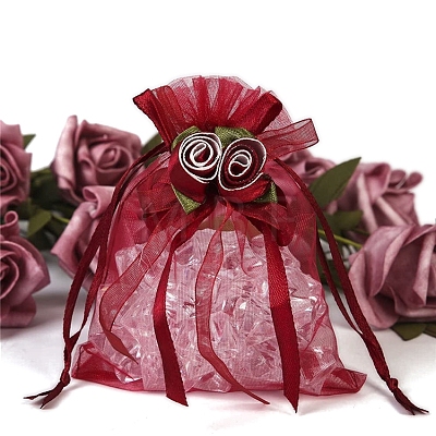 10Pcs Organza Gift Drawstring Bags with Rose PW-WGCF1DC-13-1