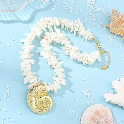Ocean Brass Conch Shell Shape Pendant Natural Shell Chip Beaded Necklaces NJEW-JN06373-1