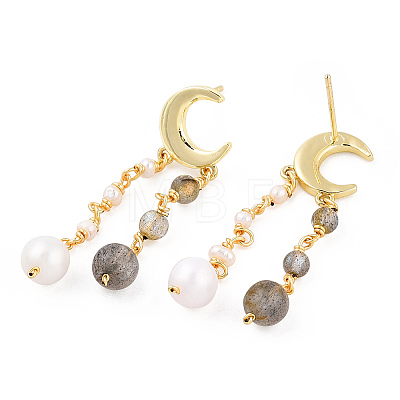 Natural Pearl & Sunstone Beaded Moon Tassel Dangle Stud Earrings EJEW-T019-02G-1