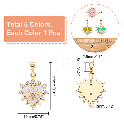  6Pcs 6 Colors Brass Clear Cubic Zirconia Pendants ZIRC-NB0001-68-1