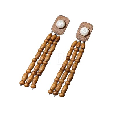 Wood & Imitation Pearl Stud Earrings WGE84F1-01-1