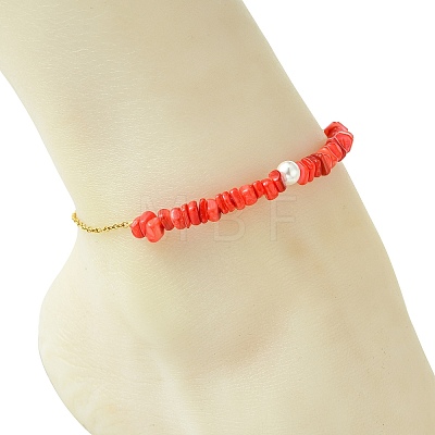 Natural Dyed Freshwater Shell Nuggets Beaded 304 Stainless Steel Cable Chain Anklets for Women AJEW-AN00827-1