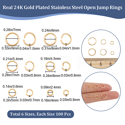 Beebeecraft 600Pcs 6 Styles 304 Stainless Steel Open Jump Rings STAS-BBC0004-92-1