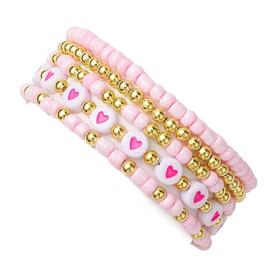 5Pcs 5 Styles Heart Acrylic & Glass Seed Beaded Stretch Bracelet Sets BJEW-JB10473-02-1