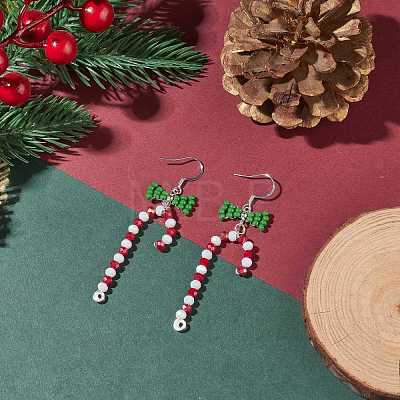 Glass Beaded Christmas Candy Cane with Bowknot Dangle Earrings EJEW-TA00080-1