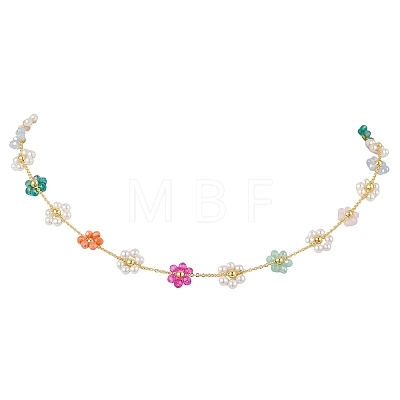Glass & Shell Pearl Beaded Flower Brass Link Chain Necklaces for Women NJEW-JN06278-1