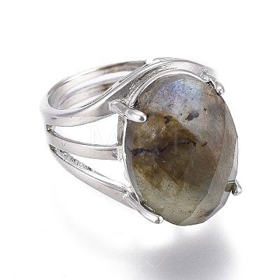 Adjustable Faceted Natural Labradorite Finger Rings RJEW-I068-B04-1-1