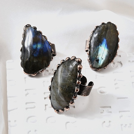 Natural Labradorite and Brass Cuff Rings RJEW-Q025-01A-1