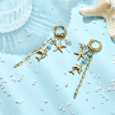 Dolphin & Starfish 304 Stainless Steel & Shell Pearl Hoop Earrings for Women EJEW-JE07128-1