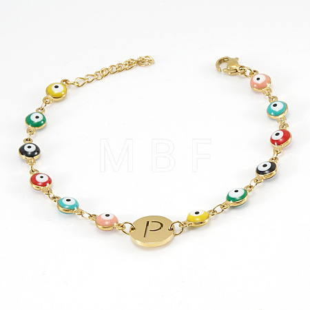 Colorful 304 Stainless Steel & Evil Eye Enamel Flat Round Link Bracelets FS-WGB13F5-16-1