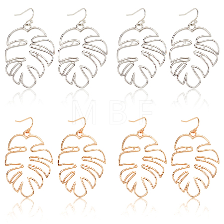 4 Pairs 2 Colors Alloy Hollow Out Monstera Leaf Dangle Earrings for Women EJEW-AN0001-18-1
