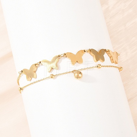 Butterfly 304 Stainless Steel Satellite Chains Double Layers Anklets BJEW-H643-06G-1