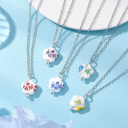 Handmade Printed Porcelain Flower Pendant Brass Cable Chain Necklaces for Women NJEW-JN05746-1